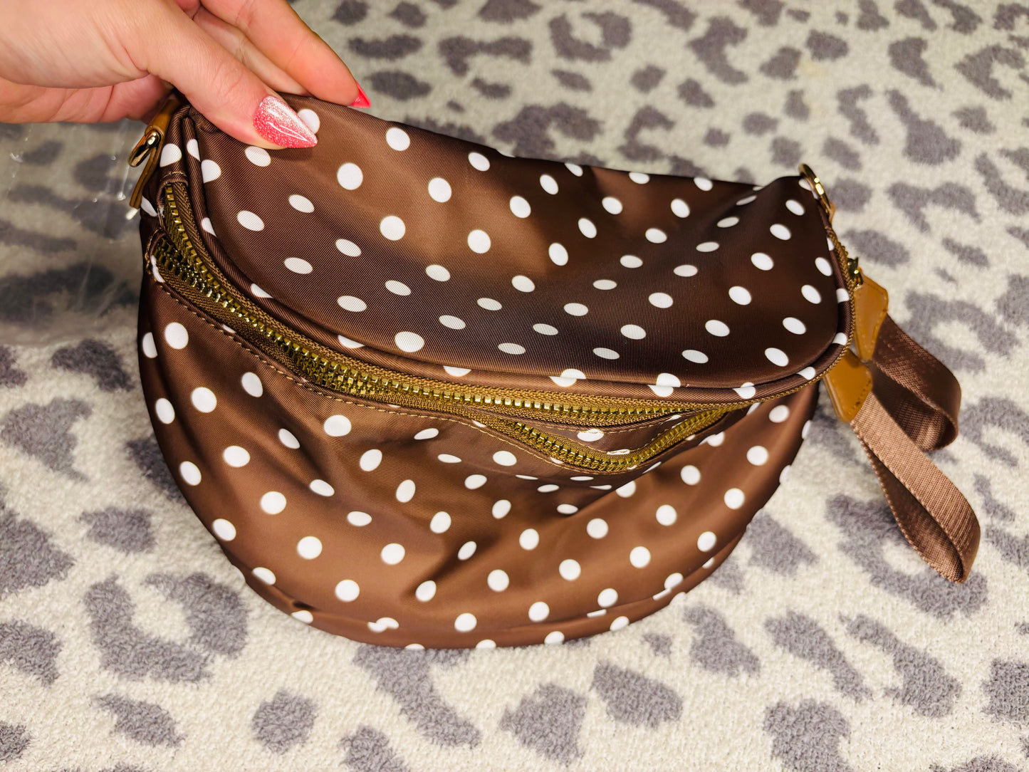 Camo / Polka Dot Print Gold Chain Strap Zipper Crossbody Bag