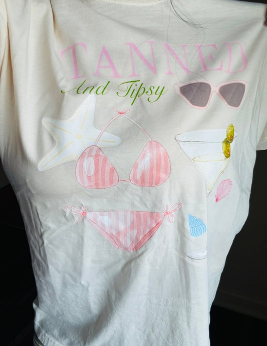 Tanned and Tipsy (Pink) Graphic Tee on Ivory