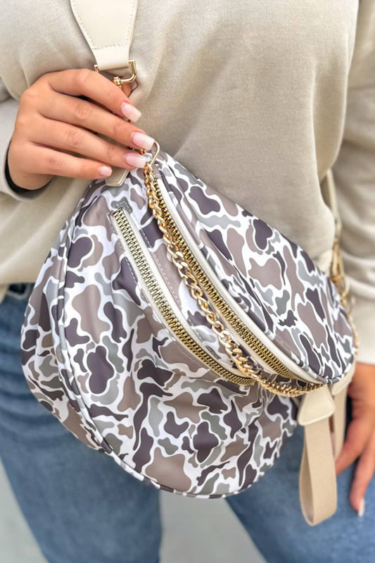 Camo / Polka Dot Print Gold Chain Strap Zipper Crossbody Bag