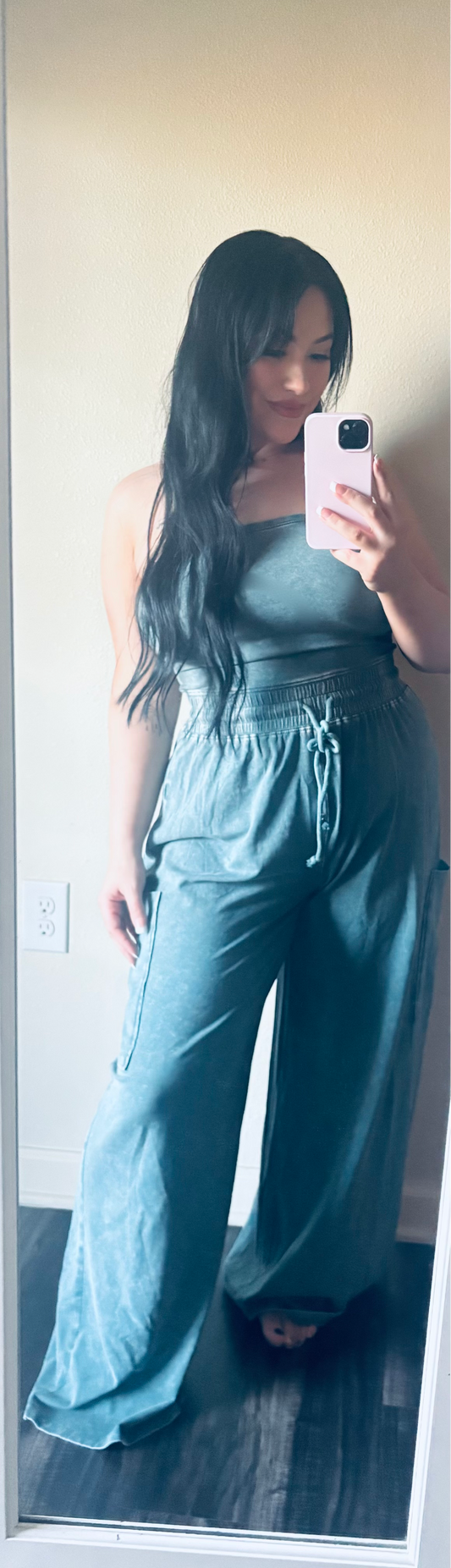 Mineral Wash Strapless Wide-Leg Jumpsuit